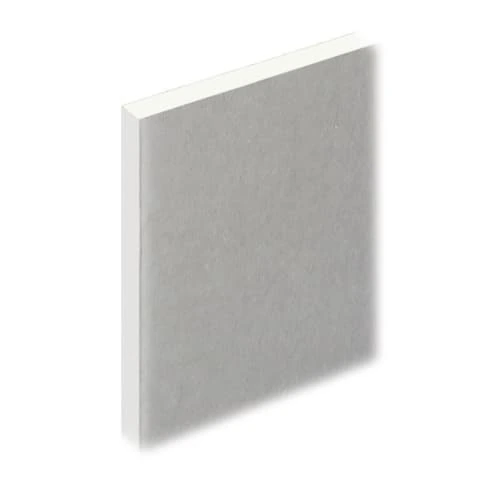 Single grey-faced plasterboard sheet shown upright at an angle against a white background, with the white cut edge visible
