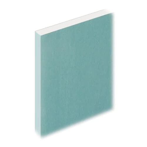 Single plasterboard sheet with a green moisture-resistant face shown upright at an angle against a white background, with the white cut edge visible